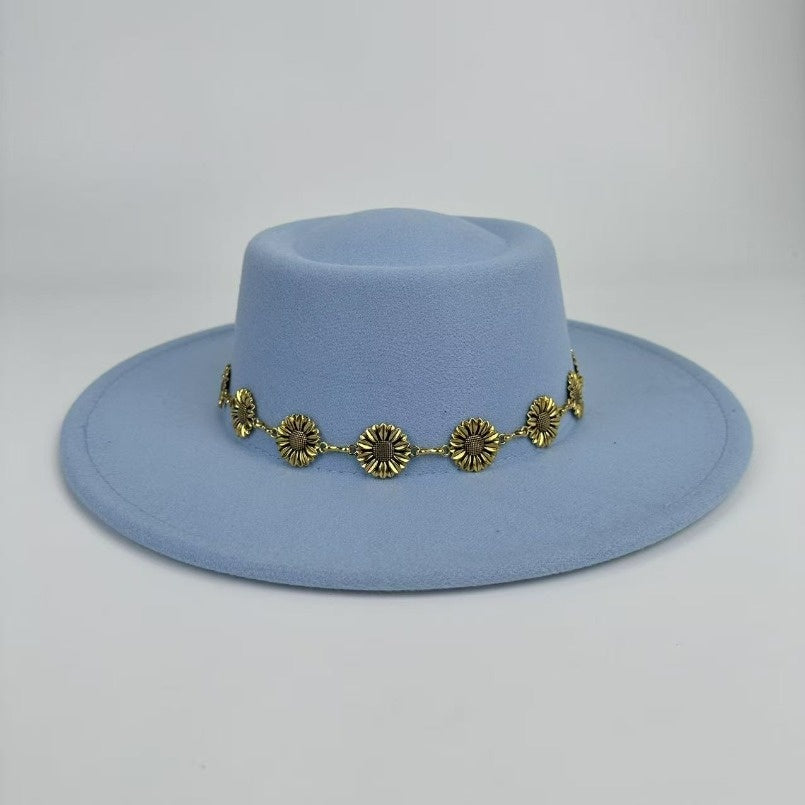 1pc Bohemian-style Unique and Fashionable Felt Hat - Decorated with Exquisite Golden Flower Chain Fedora Hat - Suitable for Daily Street Style, Music Festival Outfits, Bohemian-inspired Looks, Casual Outings and Trendy Season