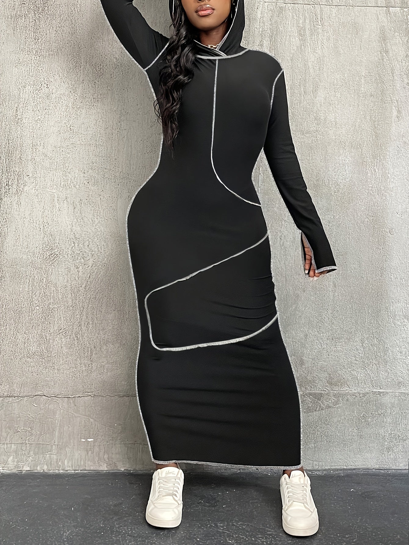 Fashionable Hooded Sweatshirt with Contrasting Seams, Fitted Long Skirt, Street-Style Dress