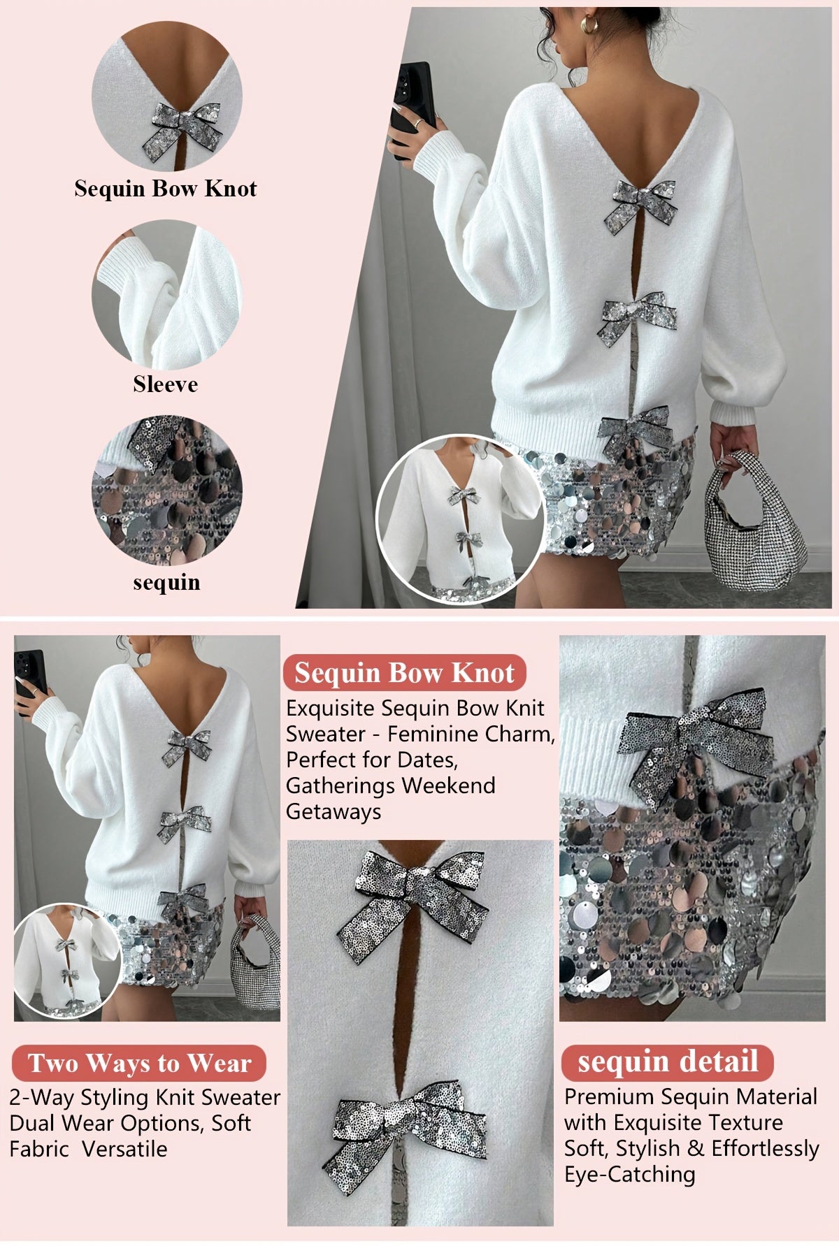French-Style Sequin Bow-Adorned Loose-Fit Cardigan Sweater with Button Front Placket - Winter Warm Blouse, Casual Elegant Outerwear for Parties Weddings Daily Wear