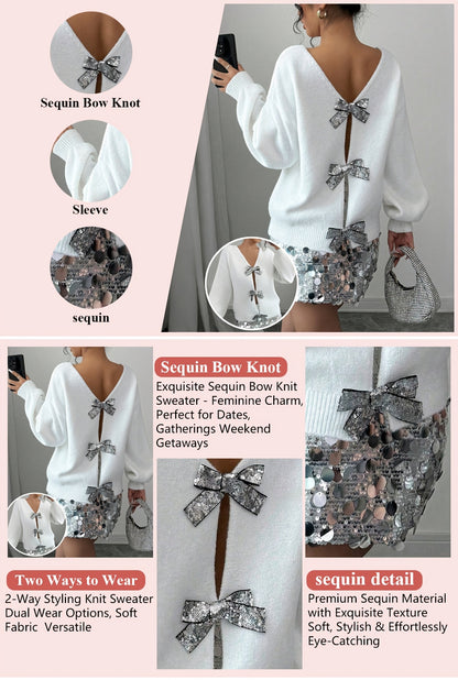 French-Style Sequin Bow-Adorned Loose-Fit Cardigan Sweater with Button Front Placket - Winter Warm Blouse, Casual Elegant Outerwear for Parties Weddings Daily Wear