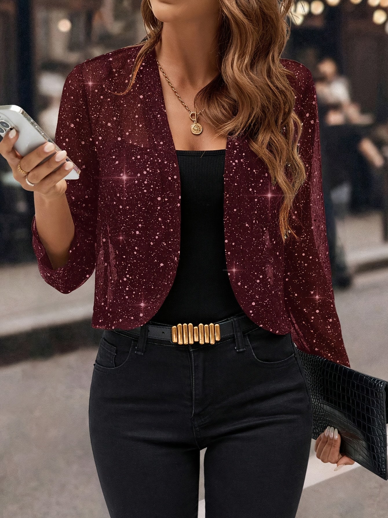 Women's Glitter Sequin - Golden Foil Pleated Fabric - Cardigan Jacket - 3/4 Sleeve Short Cropped Blazer for Business Casual