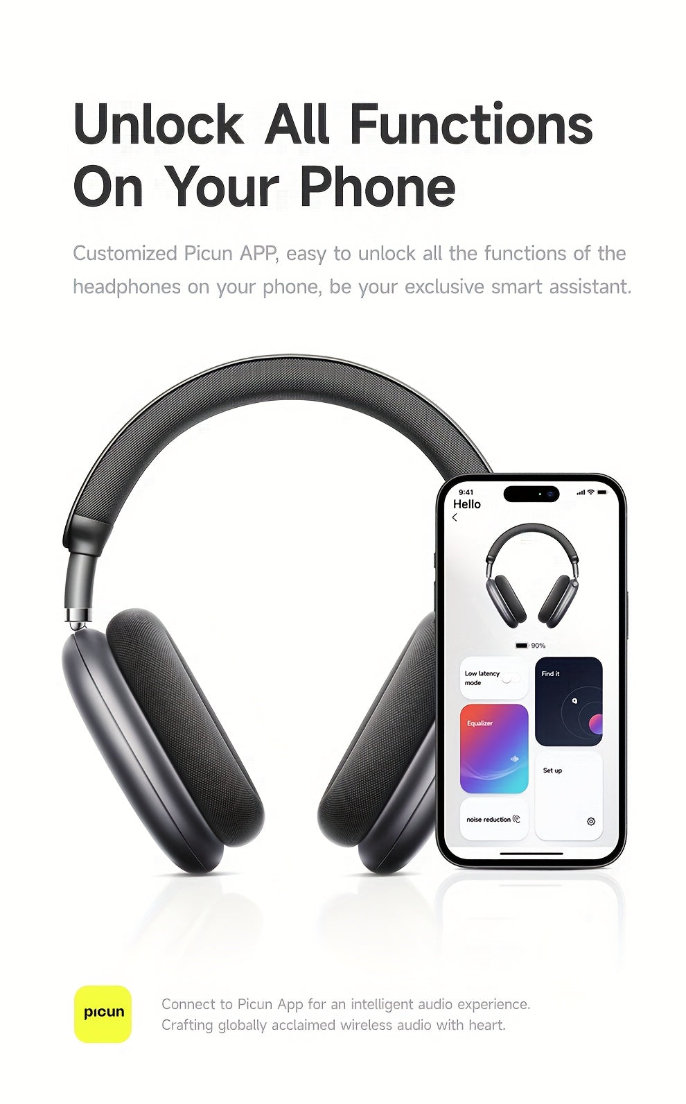 Picun F8Pro Wireless Over-Ear Headphones with 52dB Hybrid ANC, Hi Res Audio, 140H Playtime, Dual Device Pairing, 5 Mic ENC & Detachable Fabric Cushions All Day Comfort for Work & Travel, Picun