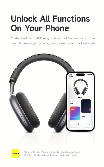 Picun F8Pro Wireless Over-Ear Headphones with 52dB Hybrid ANC, Hi Res Audio, 140H Playtime, Dual Device Pairing, 5 Mic ENC & Detachable Fabric Cushions All Day Comfort for Work & Travel, Picun