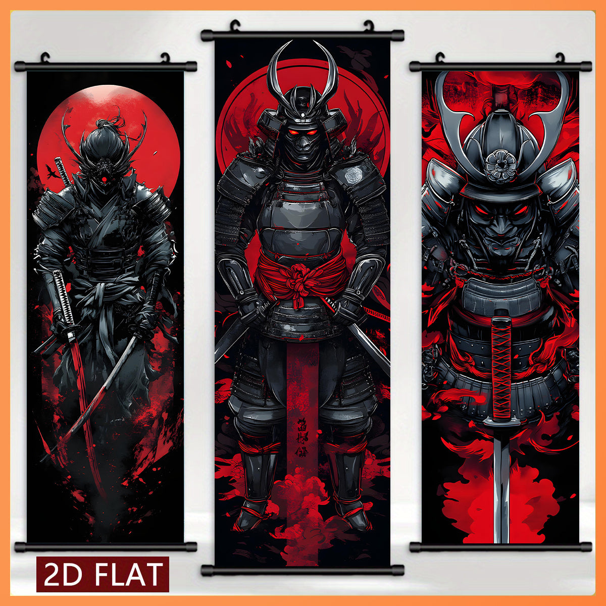 Black and Red 3pcs Set of Japanese Samurai Battle Scroll/Hanging Scrolls, Oriental Classical Style Decorative Art with Armor & Weapon Elements, Symmetrical Composition and Metal Ornament Details, Suitable for Living Room, Tea