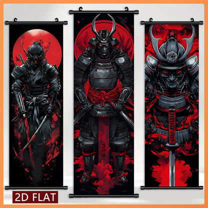 Black and Red 3pcs Set of Japanese Samurai Battle Scroll/Hanging Scrolls, Oriental Classical Style Decorative Art with Armor & Weapon Elements, Symmetrical Composition and Metal Ornament Details, Suitable for Living Room, Tea