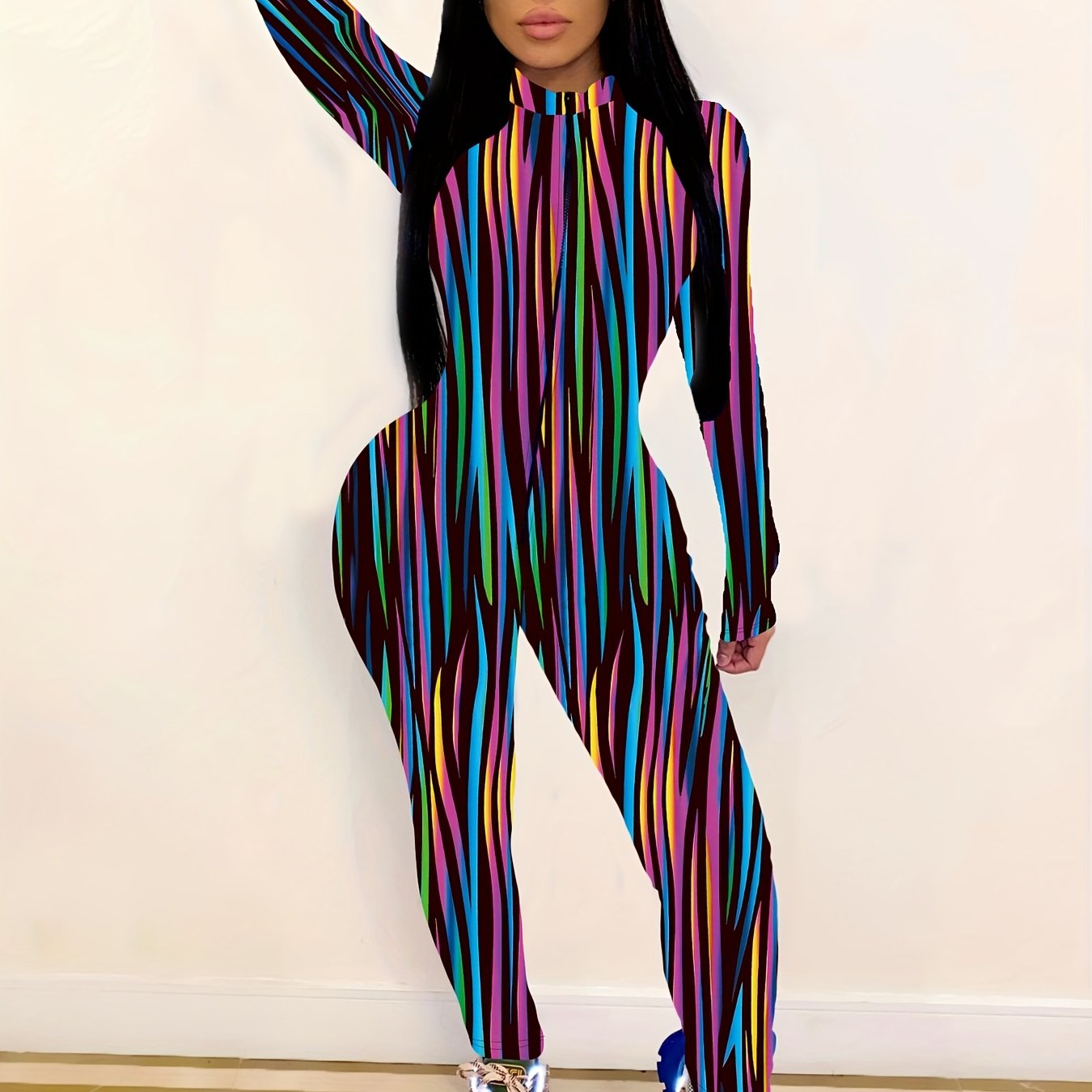 [Fashion Jumpsuit] Women's Fashion Striped Print Bodysuit, swear, Jumpsuit