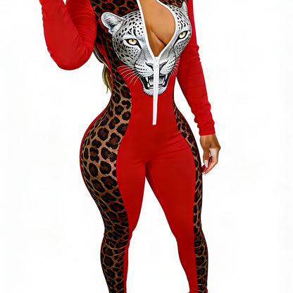 Women's Long Sleeve Slim Jumpsuit with Red & Leopard Patchwork & White Panther Head Bold Sexy Style Perfect for Daily Wear Casual Gatherings Sizes 2XS-2XL