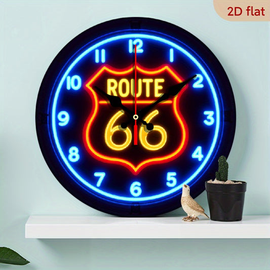 1pc Route 66 Neon Glow Silent Wall Clock - Retro Route 66 Highway Decoration with Neon Blue Lighting, Vintage Americana Road Trip Decor - Battery-Powered Wooden Clock for Home, Office, Halloween Party - No Ticking Noise, Easy