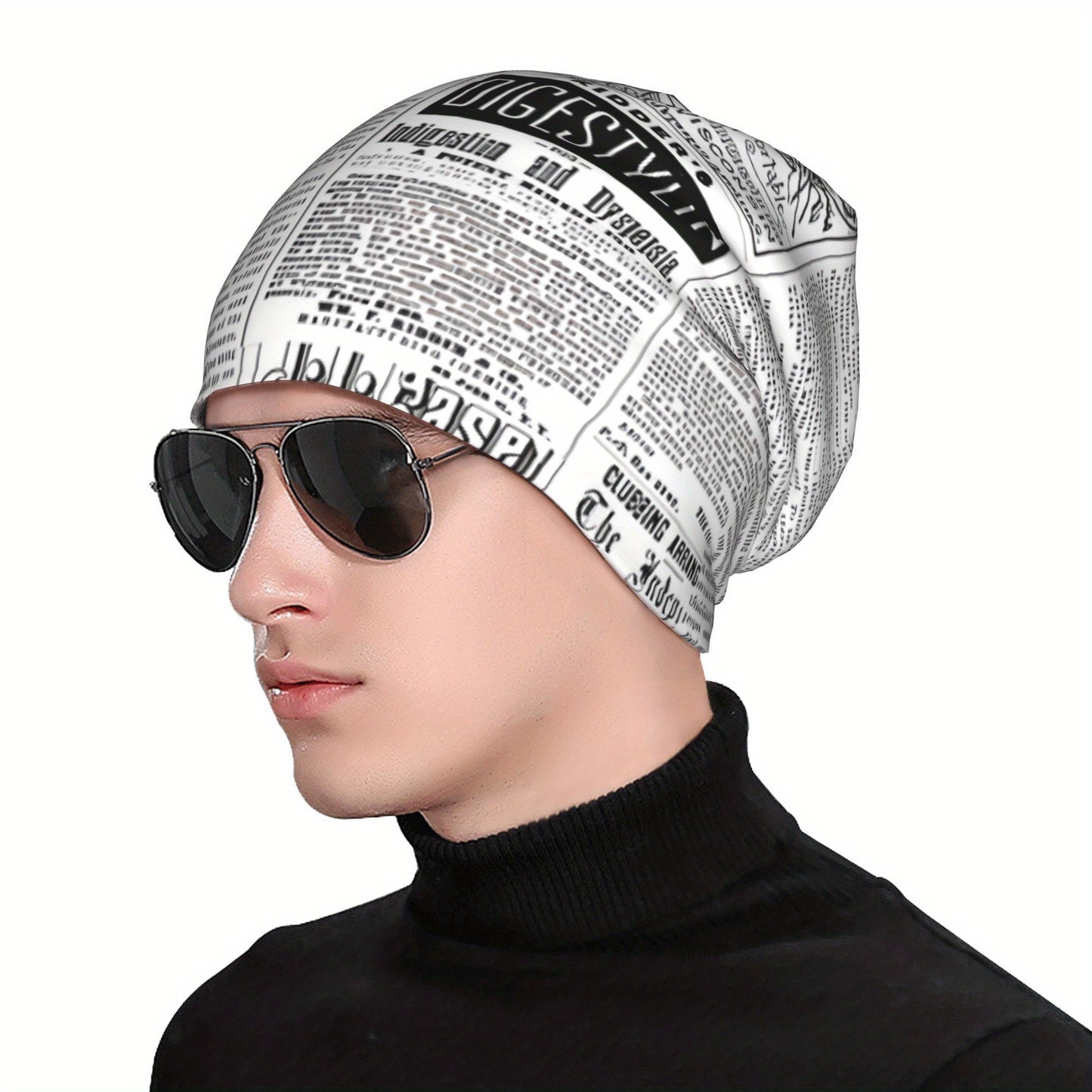 Vintage Newspaper Print Soft Knit Beanie Hat for Men & Women - Funky Style, Stretchy & Comfortable Ski Cap, Hand Washable, White with Black Text Design, Winter Hat