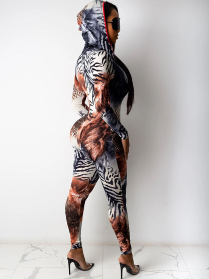 Summer Women'S Fitted Jumpsuit with a Leopard Print, V-Neck, And Long Sleeves Featuring a Hood