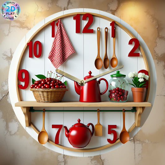 1pc Vintage Farmhouse Kitchen Wall Clock - Red Cherry & Teapot Design, Acrylic Quartz Movement, Rustic Home Decor for Cafe, Garage, or Cooking Space, No AA Batteries Needed, Durable & High-Quality Craftsmanship, Kitchen Wall