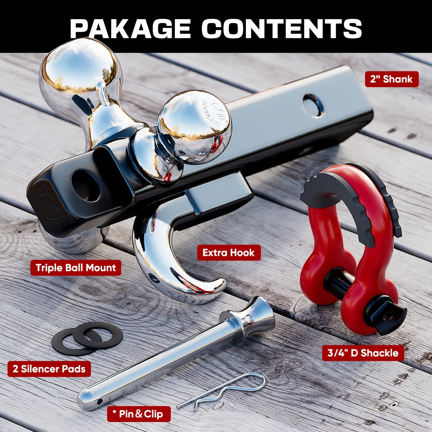 Ayleid Tri-Ball Trailer Hitch Mount with Rotatable Hook & Pin - Includes 3 Replaceable Balls (1-7/8", 2", 2-5/16") - Fits 2" Receiver for Secure Towing, Red Handle & Black Metal Construction