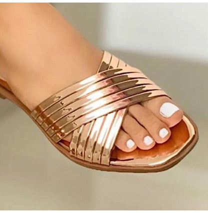 Women's Slip- Comfortable Flat - Open-Toe Mules with Arch & Cushioned Insole, Low-Heel PU Sole, Golden Buckle Strap - Casual to Formal Summer Shoes (EU 36-43, US Women's 5-10) - Ideal for Beach, Office, Semi-Formal Events - E
