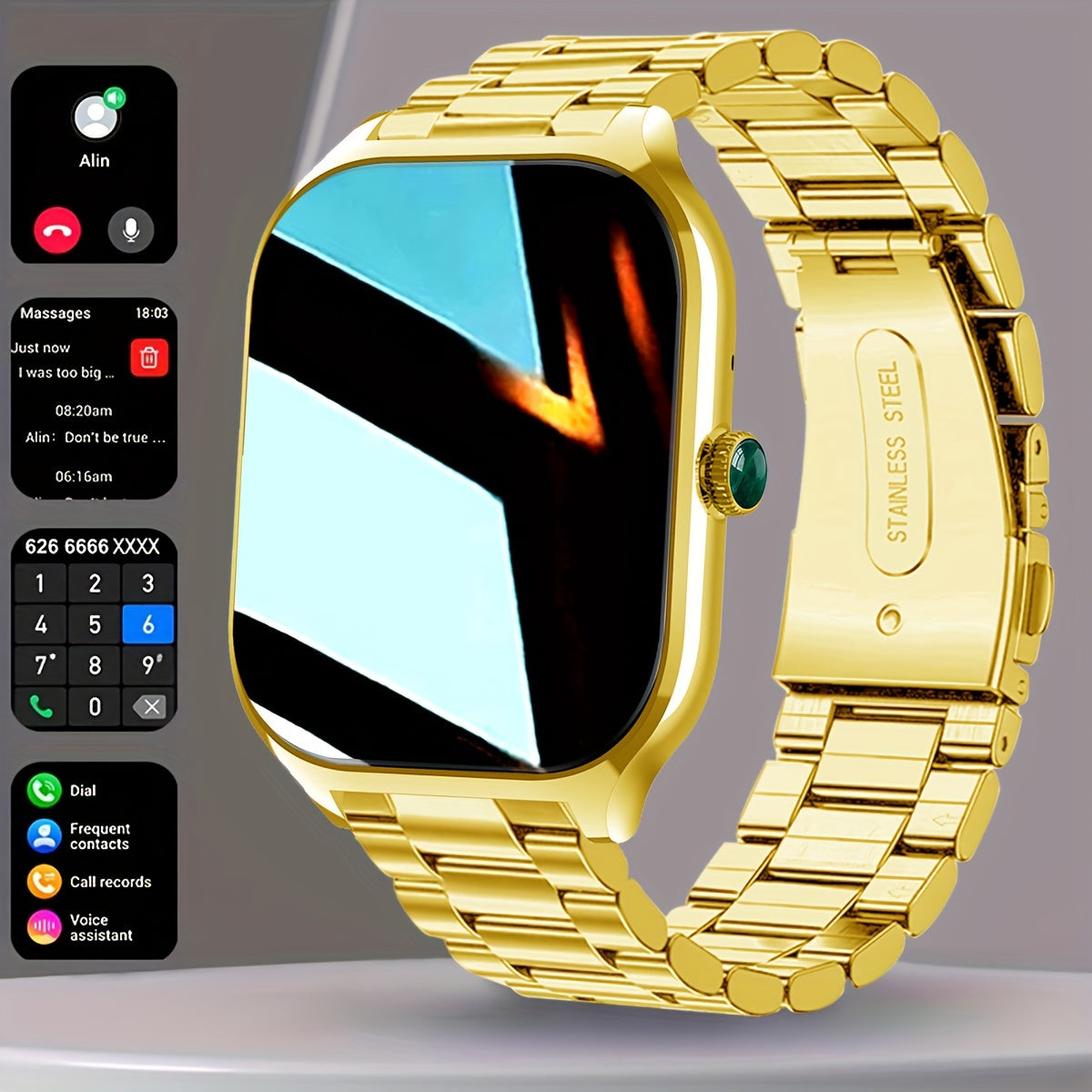 1pc Coiusor Smart Watch for Men & Women - Elegant Golden-Tone Stainless Steel, 2.01" HD Display, Wireless Calls, USB Rechargeable, Wireless 5.2, Sports Modes, Pedometer, Message Notifications, Compatible with iPhone/Android