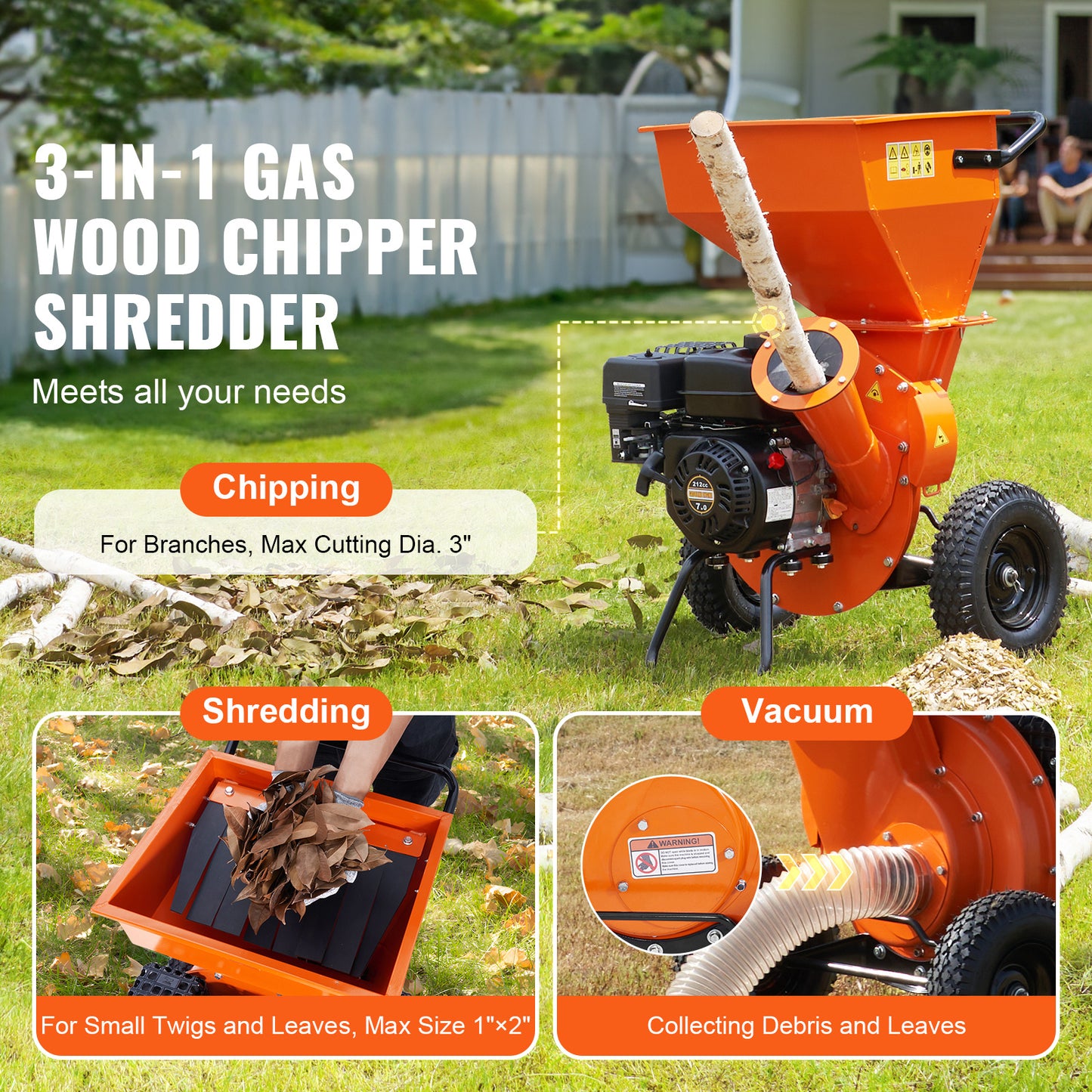 VEVOR Wood Chipper Shredder Mulcher 7HP Heavy Duty Gas Powered 3” 212cc/ 420cc, 4.1kw/4.1kw