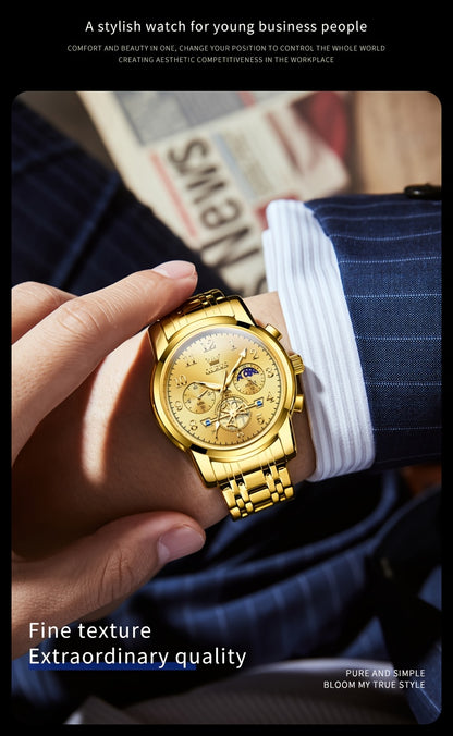 OLEVS Men's Luxury Multifunctional Quartz Watch - Stainless Steel Luminous Analog Watch with Moon Phase, Chronograph, Date/Day/24H Indicator, Golden-Tone & Bracelet for Business, Casual, Casual Attire - Dress Watch