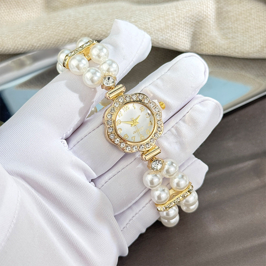Double-row Imitation Elastic Watch for Women, Light Luxury Flower Zirconia Watch, Bracelet Watch for Women, Hand Watch for Women, Formal Wristwatch, Women'S Watch, Floral Design, Elegant Bracelet, Alloy Case, Quartz Movement,