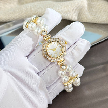 Double-row Imitation Elastic Watch for Women, Light Luxury Flower Zirconia Watch, Bracelet Watch for Women, Hand Watch for Women, Formal Wristwatch, Women'S Watch, Floral Design, Elegant Bracelet, Alloy Case, Quartz Movement,