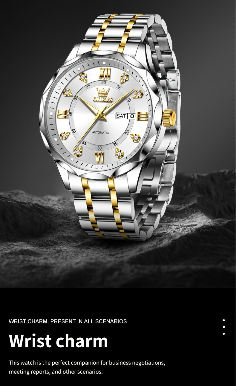 OLEVS Luminous Stainless Steel Automatic Mechanical Watches for Men Brand New Luxury Original Business Golden Men's Wrist Watches Classic Trend Best Selling High Quality Men's Watches,  Classic Design, Premium Materials, Gift