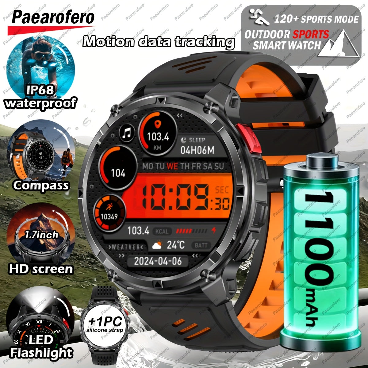2025 Men's smart watch, 1.7-inch HD display, 1100mAh large-capacity battery, 90-day standby time, outdoor compass, wireless call, LED flashlight, 200+ dials, voice assistant, Men's watch, 120+ sports modes, fitness tracker wa