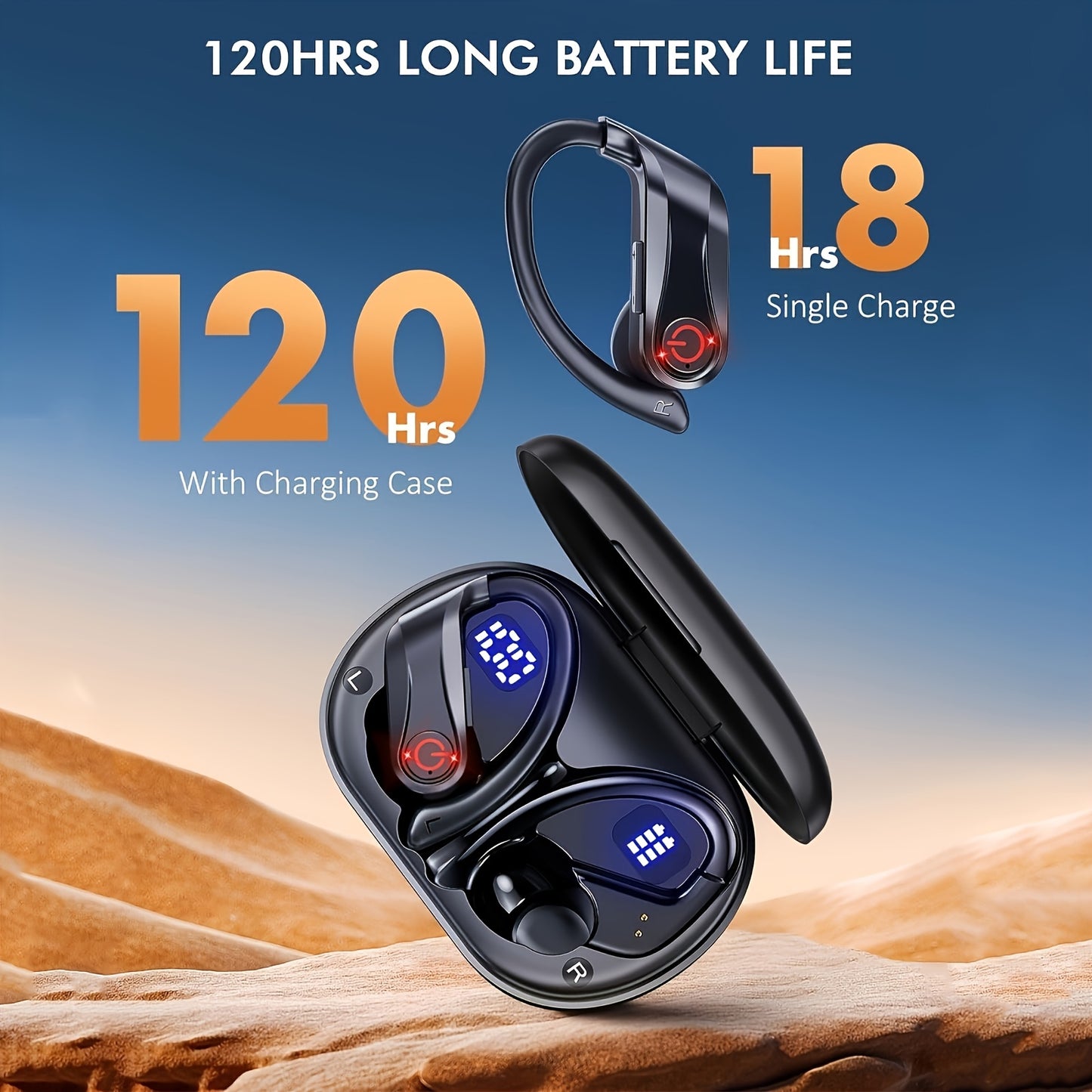 Open-Ear Wireless Earbuds Bluetooth Earbuds with 120-Hour Battery Life Bluetooth 5.4, SportsEarbuds with Built-in Microphone Wireless Charging Case with LED Display Wireless BlackWith Ear Hooks for Workouts, Running, And Gym