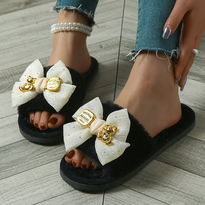 New Style Bear Bow Slippers for Women, Suitable for Spring, Summer, Autumn, And Winter, Featuring Open-Toe Design And Available in Larger Sizes for Indoor Use.