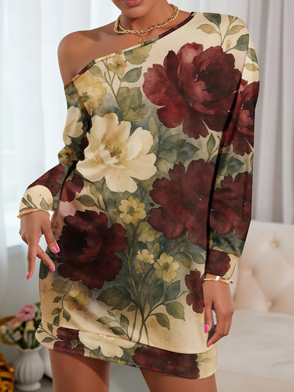 Plus Size, Women's Elegant One-Shoulder/Boat Neck Floral print dress - Cream with Red & Yellow Roses, Short to medium length Fitted Party Wedding Guest Dress, Prom Attire, Machine Washable Spring Outfit