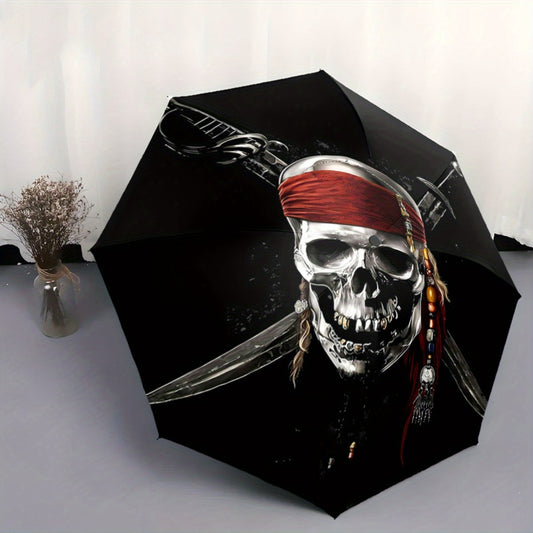 Automatic Open/Close Umbrella with Pirate Skull & Crossed Swords Design - Compact Folding Umbrella, Windproof 8-Rib Shaft, One-Touch Button, Portable for Travel, Cosplay, Themed Parties - Ideal Birthday/Christmas Gift for Pir