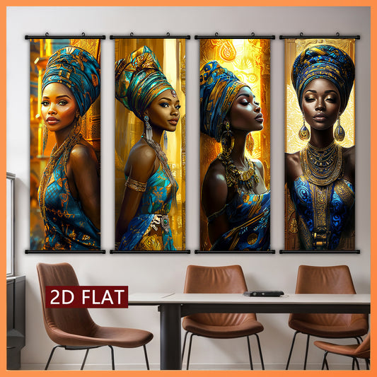 4pcs African Style Women Plastic Scroll Canvas Poster, Vibrant Colors Exotic Decorative Artwork with Traditional Attire Background Design, Bold and Unique Style for Living Room, Hotel, or Restaurant Wall Decoration