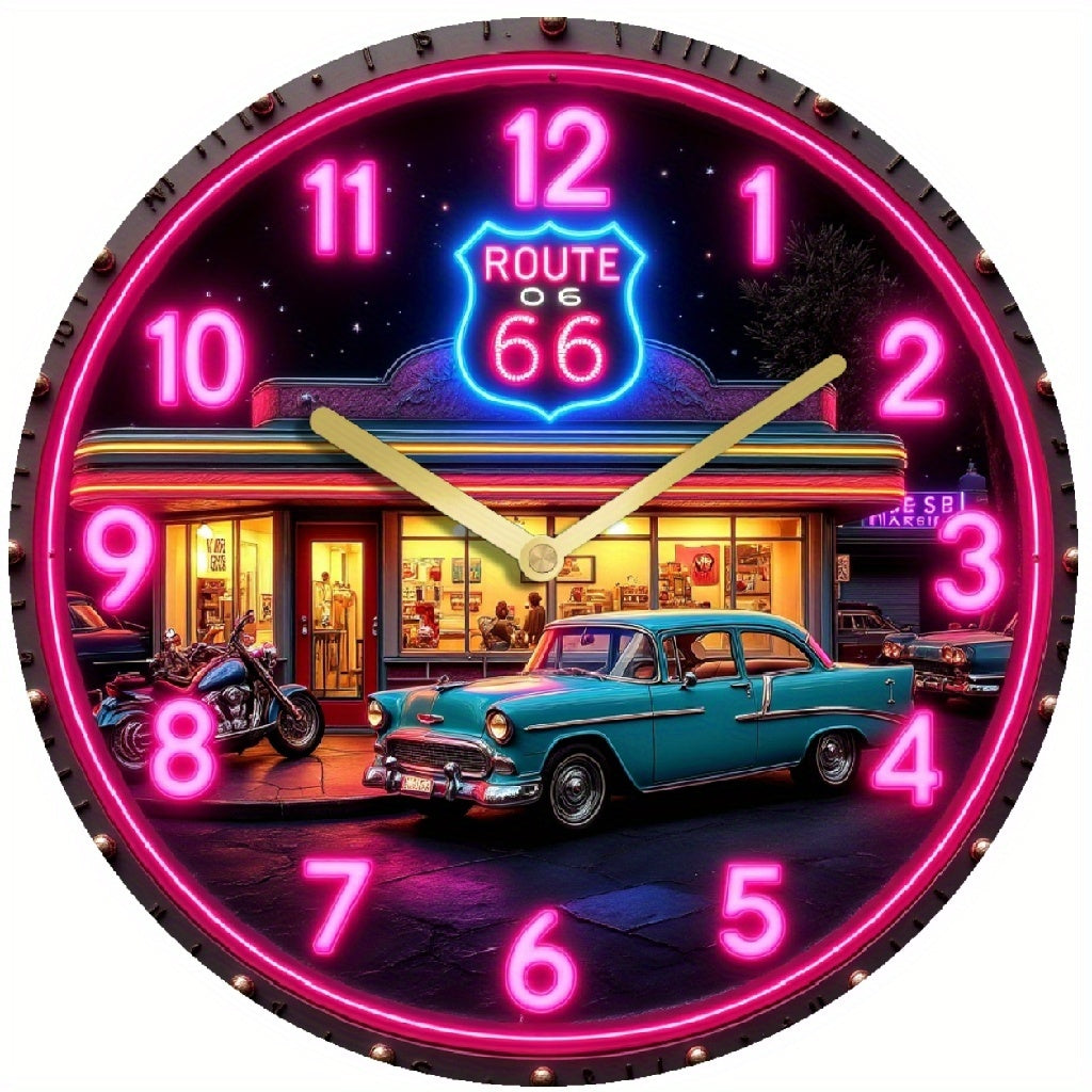 1PC 10/12-inch turquoise car and Route OG logo design wall clock - Round wooden decorative clock, silent non-ticking, powered by AA battery (AA battery not included), perfect for kitchen, living room, cafe and home decoration