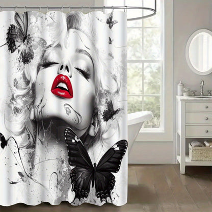 1/3/4pcs Butterfly Kiss II Shower Curtain Set, Black and White Background Red Lip Butterfly Print Bathroom Decor, Includes Bath Mat, U-Shaped Mat, Toilet Lid Cover, 70.87x70.87inch, Curtain with 12 Hooks, "Butterfly Kiss II,