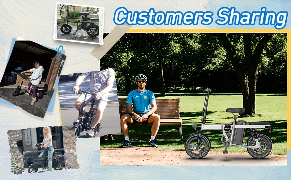 Hisent Adult Electric Bicycle, 48V 6A10A/15A/17.5A Lithium Battery, 20MPH, 8-35 Miles Range, 740W Brushless Motor, Multiple Shock Absorbers, 14" High-quality Tires, 3-step Folding, LCD Display, with Headlight And Taillight, C
