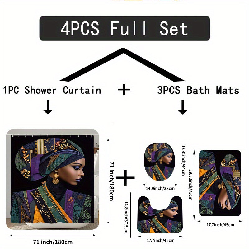Set of 4 Luxurious Fabric Items Adorned with Golden, Featuring an Extra Wide Circular Shower Curtain Available in Various Sizes. This Decorative Bathroom Ensemble Includes a Shower Curtain, a Non-Slip Mat, a Toilet Seat Cover