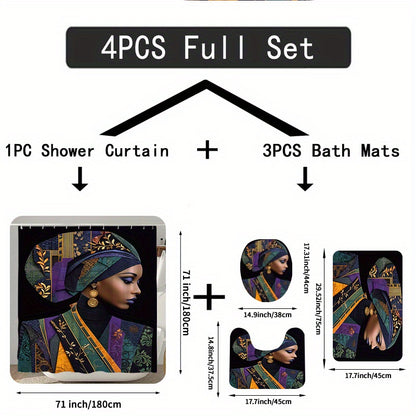 Set of 4 Luxurious Fabric Items Adorned with Golden, Featuring an Extra Wide Circular Shower Curtain Available in Various Sizes. This Decorative Bathroom Ensemble Includes a Shower Curtain, a Non-Slip Mat, a Toilet Seat Cover