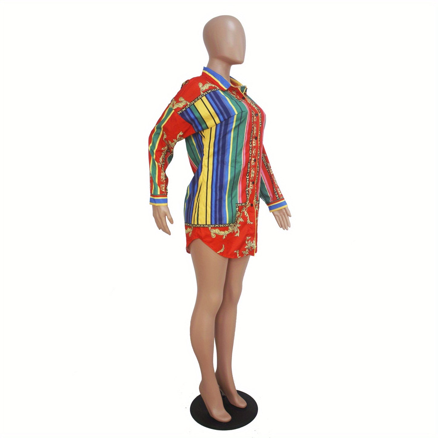 Ladies' Casual Shirt Dress with Colorful Striped Long Sleeved Shirt Dress