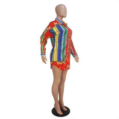 Ladies' Casual Shirt Dress with Colorful Striped Long Sleeved Shirt Dress
