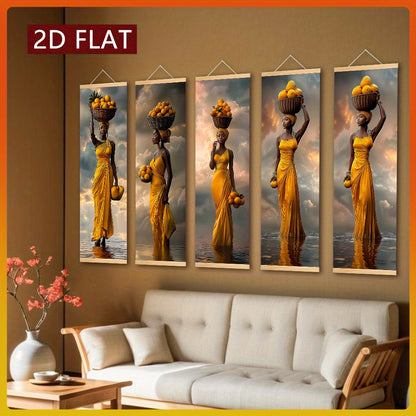 5pcs African Woman Wall Art Set - Bohemian Wood Framed Vertical Panel Paintings with Traditional Dress, Headwrap & Basket - Cultural Canvas Decor for Living Room, Bedroom, Cafe - Hook Installation ( Use)