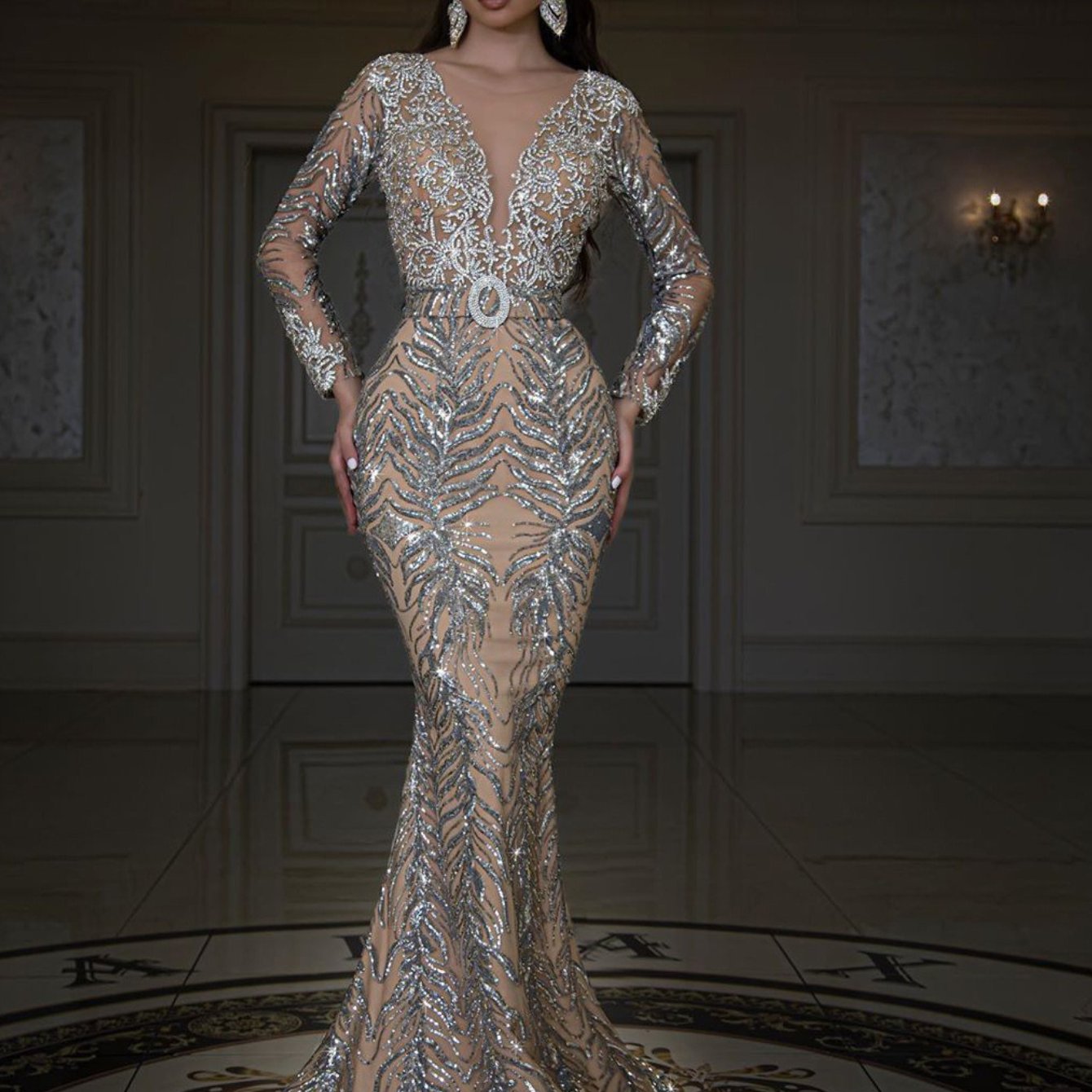 Hot Goldfish Tail Floor Mopping Evening Dress Women's Long Sleeve Slim Design Sexy Banquet Party Wedding Toast Dress Temperament Long Dress