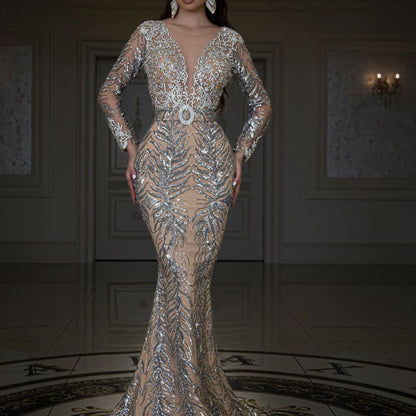 Hot Goldfish Tail Floor Mopping Evening Dress Women's Long Sleeve Slim Design Sexy Banquet Party Wedding Toast Dress Temperament Long Dress