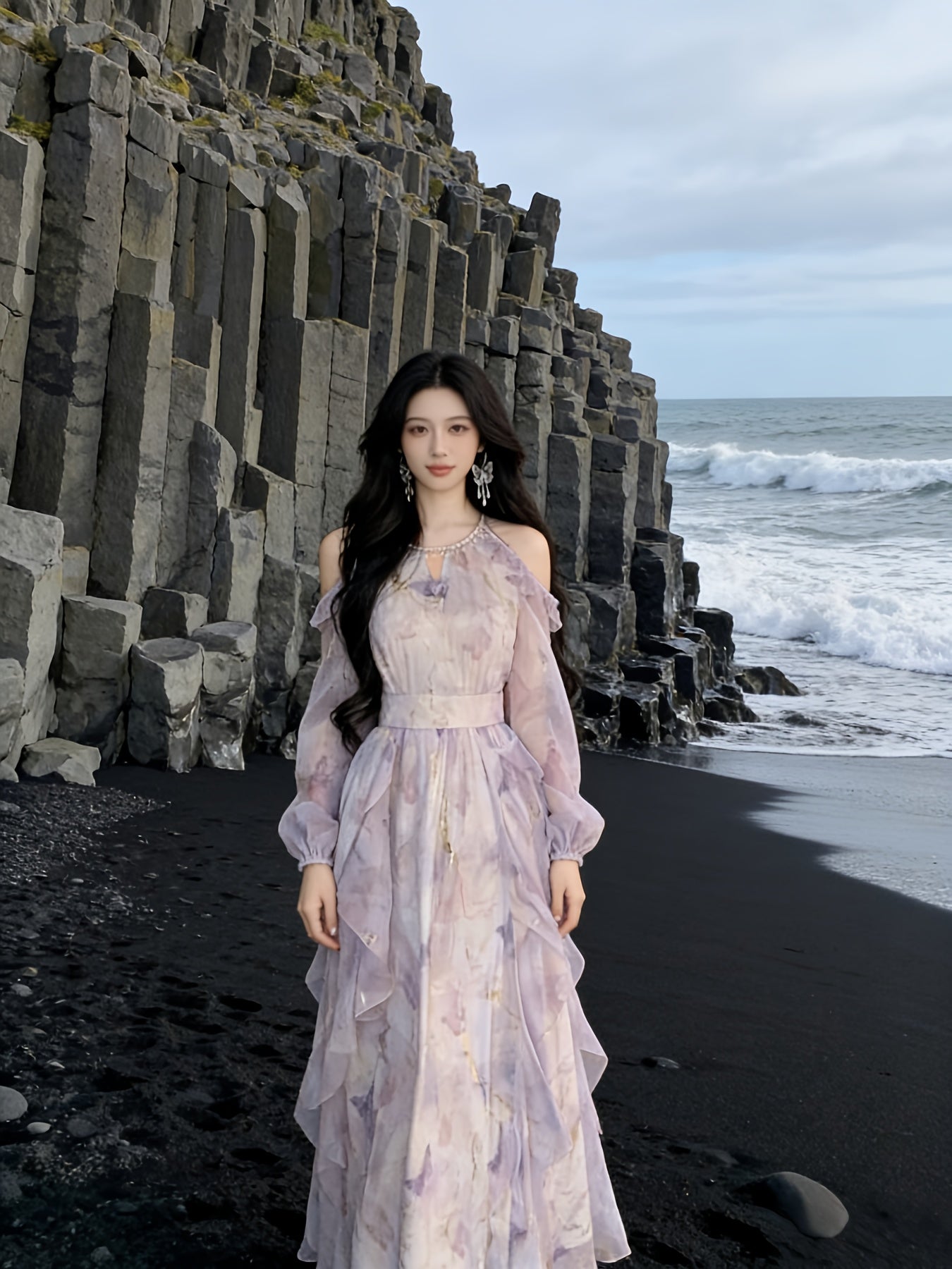 French Style Halter Neck Off-the-Shoulder Floral Chiffon Dress for Women, Super Fairy Waist-Cinched Flowy Maxi Dress with Gentle & Feminine Vibe for Spring And Summer; Irregular Ruffled Waist-Cinched Long-Sleeve Printed Maxi