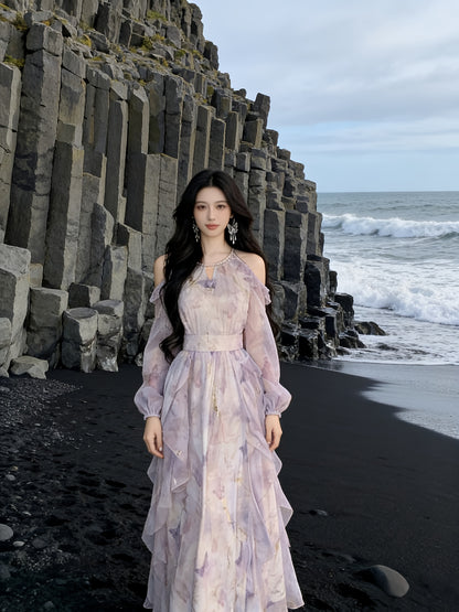 French Style Halter Neck Off-the-Shoulder Floral Chiffon Dress for Women, Super Fairy Waist-Cinched Flowy Maxi Dress with Gentle & Feminine Vibe for Spring And Summer; Irregular Ruffled Waist-Cinched Long-Sleeve Printed Maxi