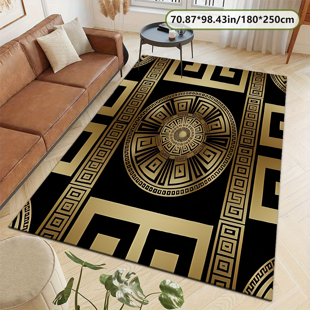 Black and Golden Greek Pattern Mat, Soft and Durable, Machine Washable and Easy to Clean, Lightweight, Soft, Comfortable, High-end Velvet + 7mm Thickness + Non-slip Backing + Over 800g per square meter, Kitchen Mat, Living Ro