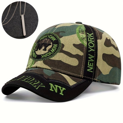 2pcs One Hat Plus One Necklace Men's Outdoor Full-Print Tactical Camouflage NY Pattern Baseball Cap and Faith Bar Pendant, Suitable for Climbing, Cycling Accessories, Christmas Party