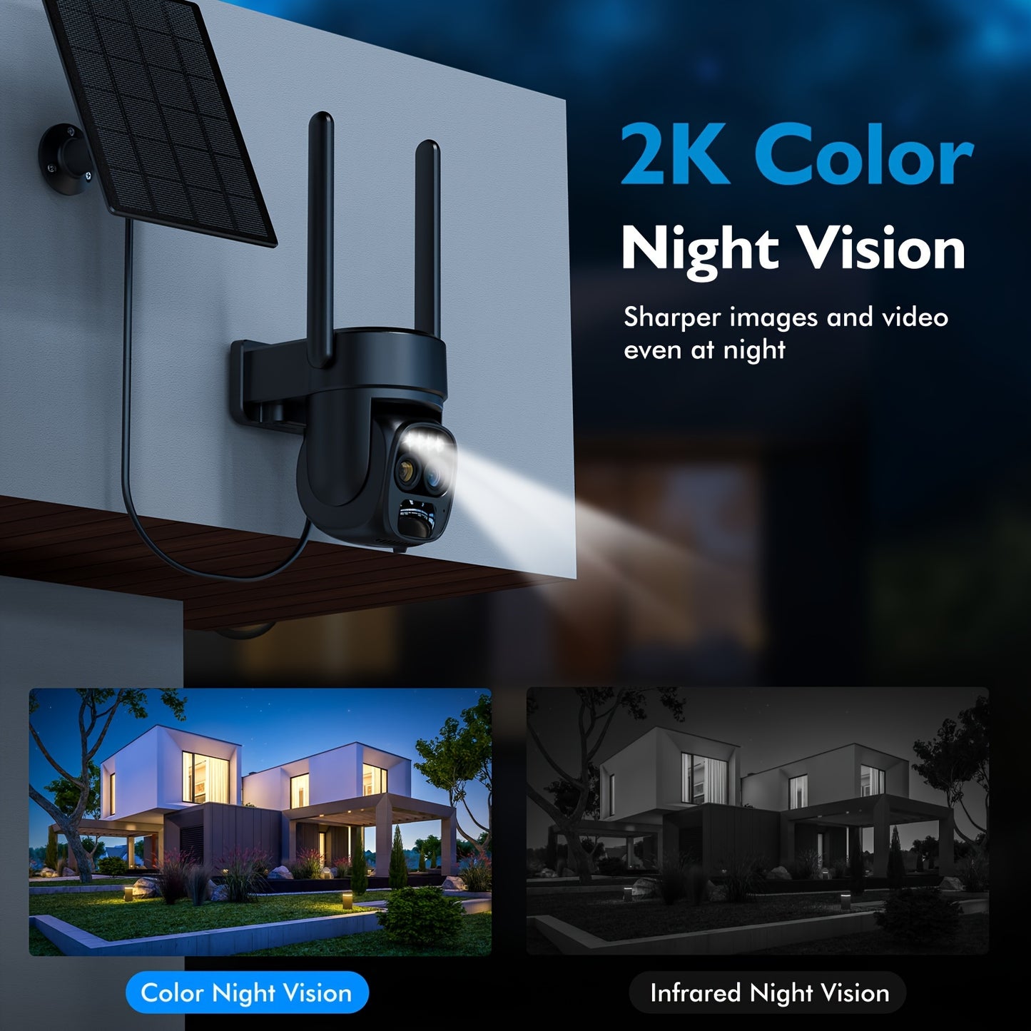5pcs [10x Zoom] 360-degree Low-power Solar Panel Battery 2K FHD WiFi With Spotlight Alarm, Motion Detection, Color Night Vision, Two-way Audio And.