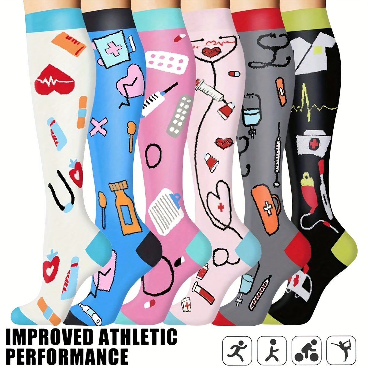 6 Pairs Compression Sports Socks, Unisex Lightweight Casual Mid-Calf Socks For Running, Cycling, Soccer, Hiking, Outdoor Activities & Travel