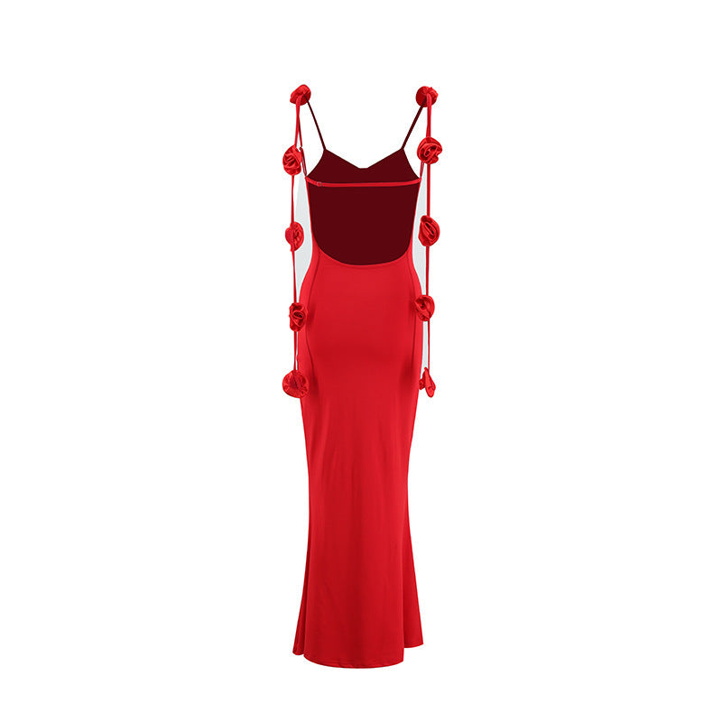 Women's Elegant Backless Evening Gown with 3D Flower Strap - Long Formal Wedding Dress, Prom Dress, Party Dress - Solid Color Round Neck All-Season Hand Washable Dress for Special Occasions