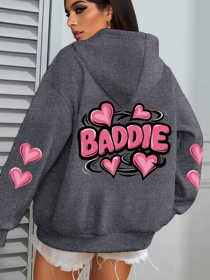 Women's Plus Size Oversized Hooded Sweatshirt 1XL-5XL - Cozy Baddie Graphic Hoodie with Heart Print, Long Sleeve Pullover, All-Season Casual Wear, Black Sweatshirt for Women Suitable for 1XL-5XL