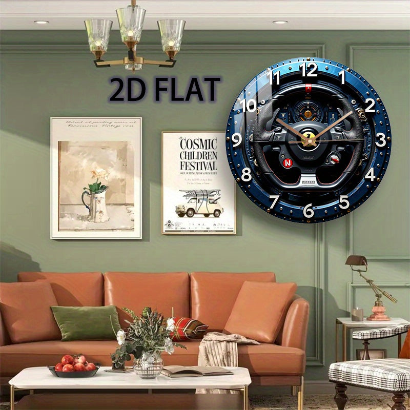 12-Inch Racing Car Steering Wheel Wall Clock - Silent Quartz Movement, Black & Yellow with Red N Emblem & Metallic Accent - Glass Round Clock for Home, Garage, Office, for Man Cave Decor - Ideal Gift for Motorsport Fans (AA B