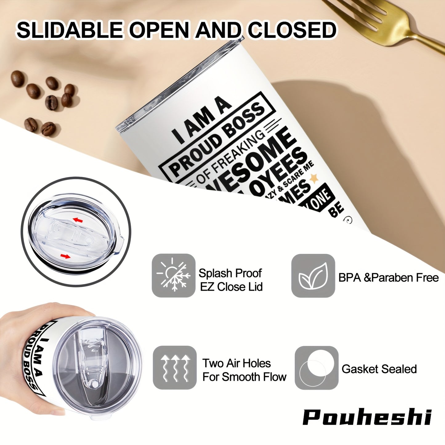 1pc POUHESHI 20oz Stainless Steel Tumbler with "I AM A Proud Boss" Humorous Design - Shatterproof, Reusable, Ideal for Office or Outdoor Use, Perfect Gift for Bosses, Campers, and Holidays, Office Drinkware | Humorous Tumbler