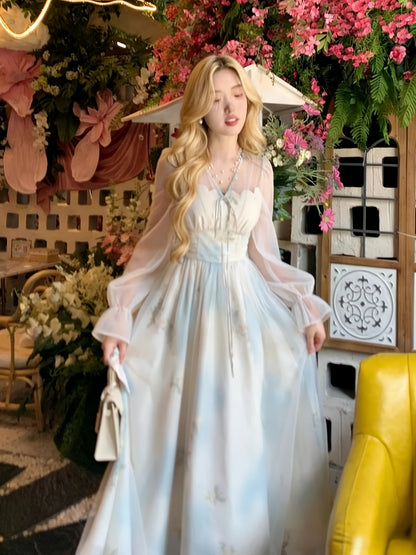 Elegant Julie French New Style Dress | Mint Temperament, Gentle Tulle with Cloud Print, Tie Waist Design, Off the Shoulder, Perfect for Spring/Summer/Fall